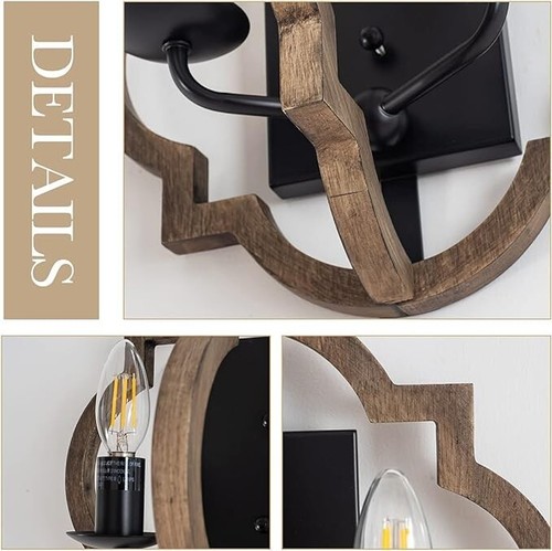 PAIR! Wood & Black Geometric Quatrefoil Farmhouse Wall Sconce Light Fixtures NIB - Picture 3 of 6