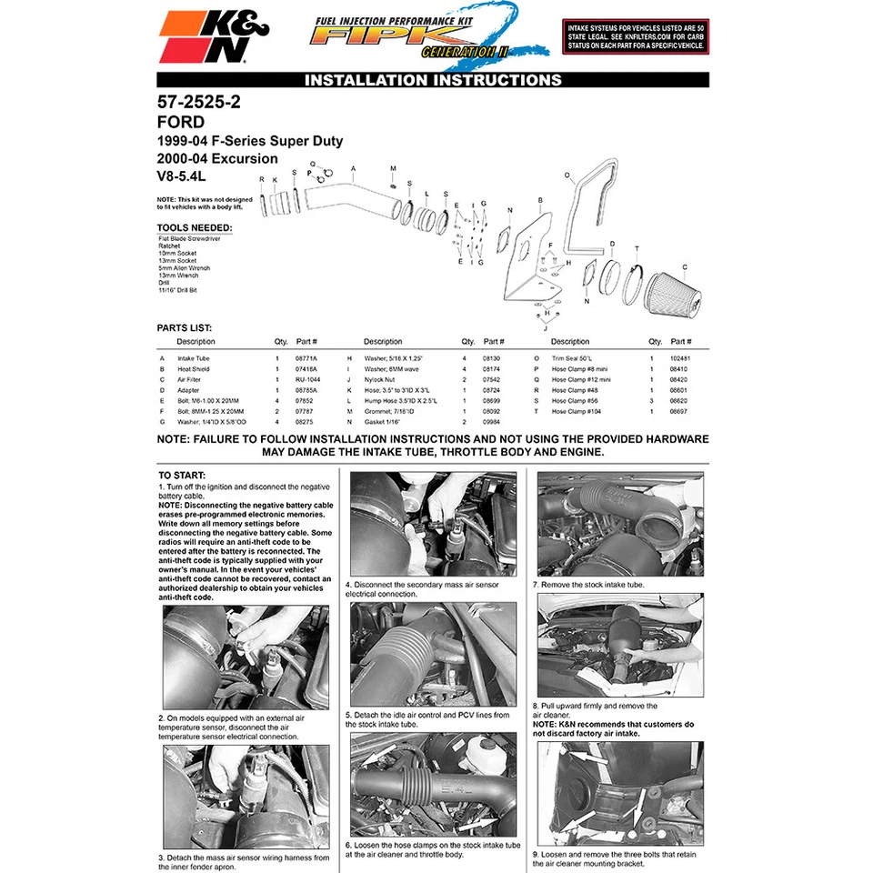 Entrada de aire frío K&N 57-2525-2 para 99-04 Ford F250 F350 / 00-04 Excursion 5,4 L V8 Foto 4 de 4