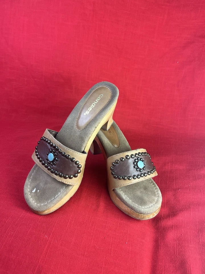 Candie's кожаная обувь 7 1/2 желтовато-коричневый дерева коренастый блок каблуки запонки бирюзовый шпильки sw - Изображение 2 из 4