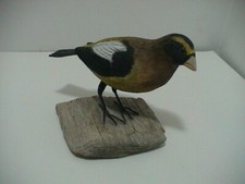 EVENING GROSBEAK HAND CARVED WOOD DECOY SONG BIRD ON DRIFTWOOD MADE SHELBY OHIO