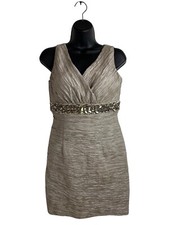 Eliza J Textured Beaded Waist Petite Dress Beige Sheath Body con Size 6
