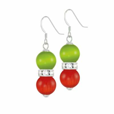 Vaudeville Green and Flame Cat's Eye Silver Tone Drop Pierced Earrings