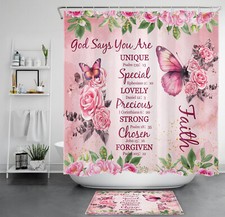 Bible Verse Green Leaf Pink Rose Floral Shower Curtain Set for Bathroom Decor