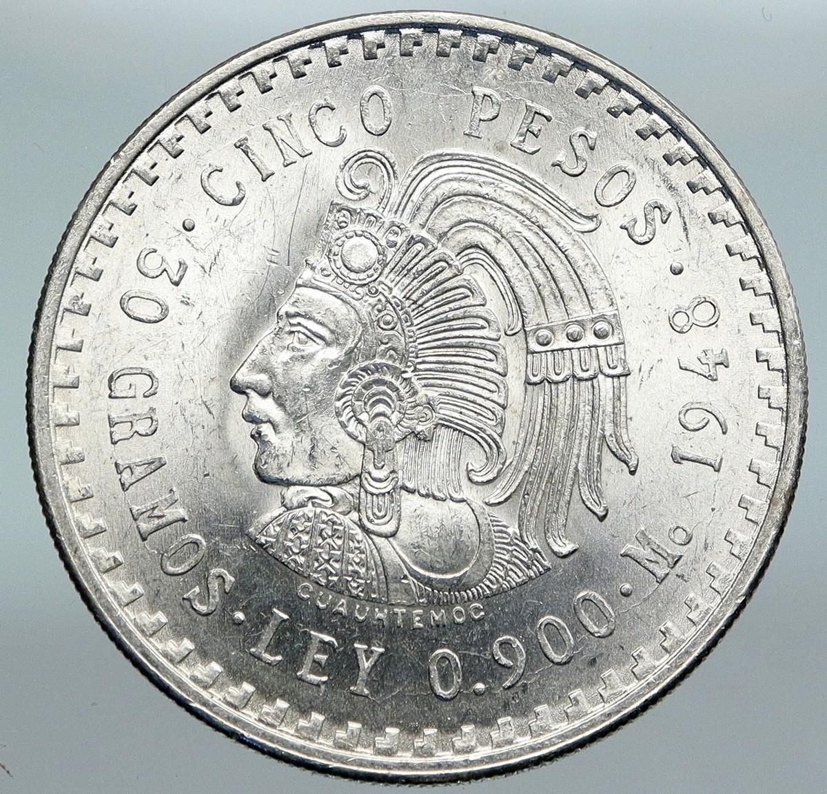 1948 MEXICO Aztec Chieftain CUAUHTEMOC Eagle Genuine Silver 5 Peso
