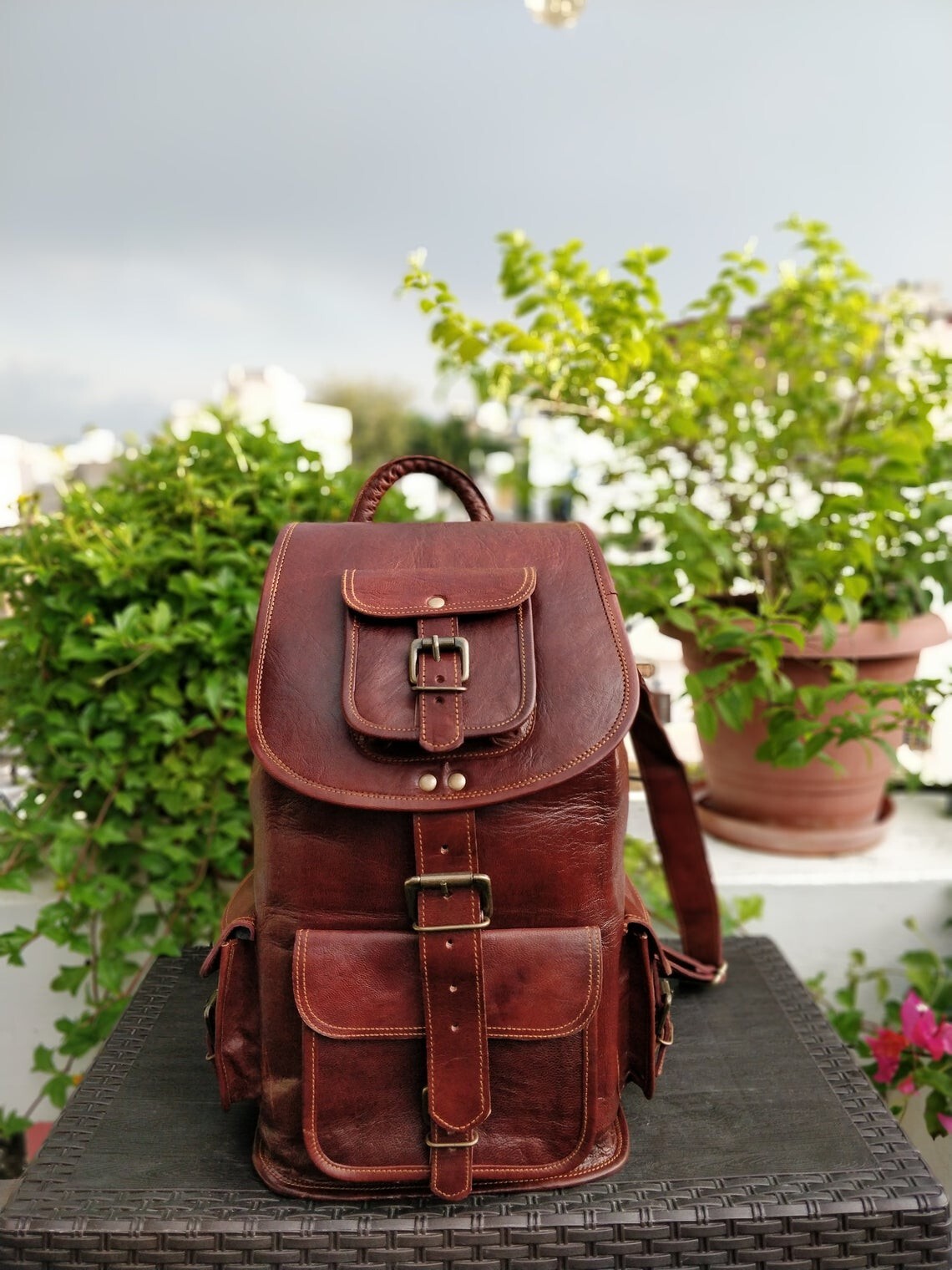 Vintage Brown Men's Leather Shoulder Bag Handmade Travel Backpack