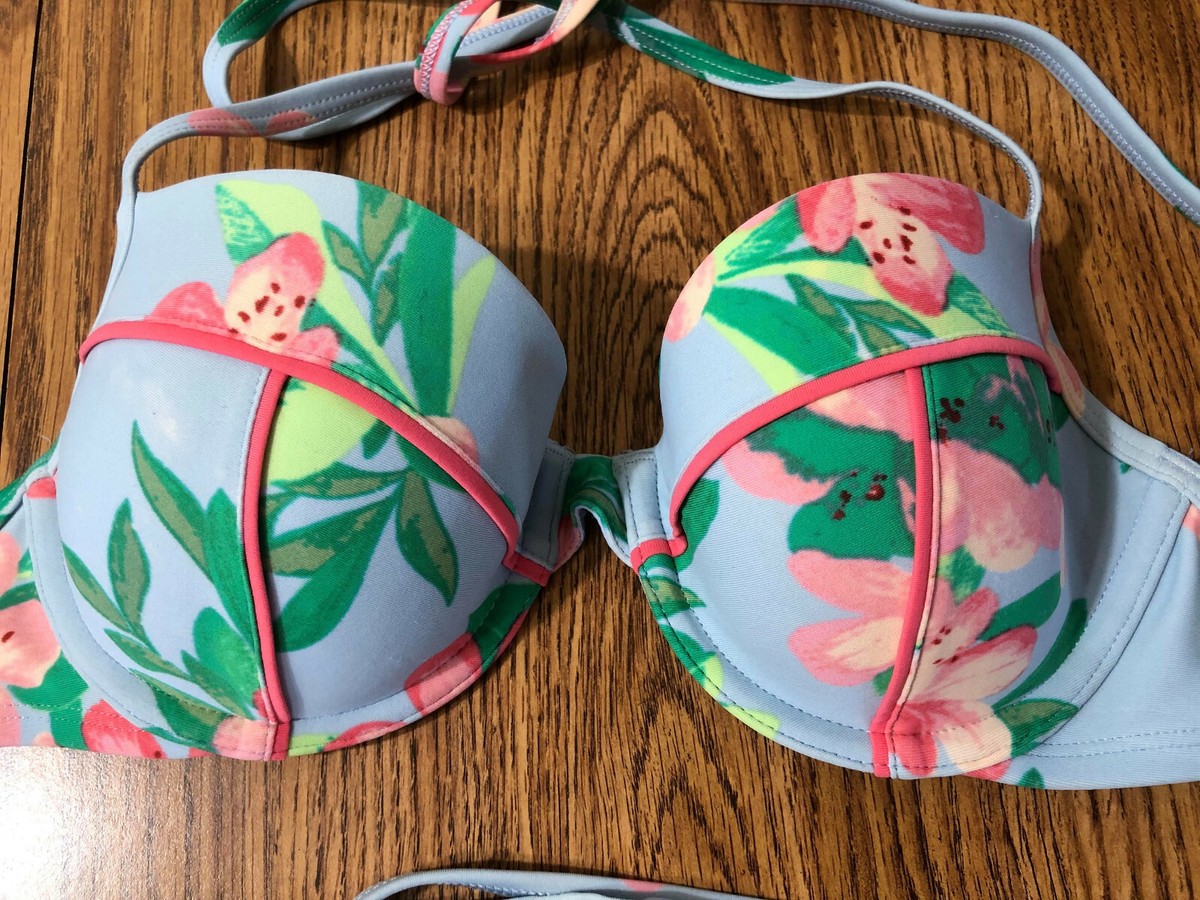 Aerie Sz 34B Swim Suit Top Pink Blue Green Floral String Bikini