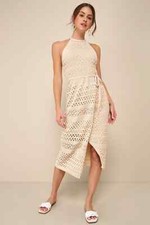 Lulus Blissful Strolls Beige Crochet Faux-Wrap Halter Midi Dress Size S NWT