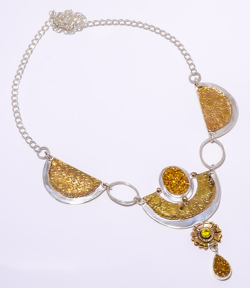 Titanium Golden Agate Drusy 925 Sterling Silver Two Tone Necklace 17.99