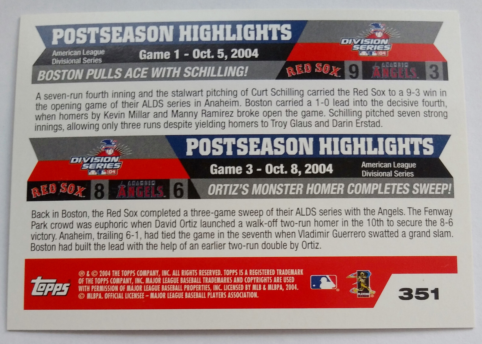 2004 Topps David Ortiz Curt Schilling Boston Red Sox Postseason