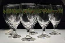 Set of 6 ~ Greenbrier International "HOLLY BERRY"  Glass Goblets ~ 7" Tall