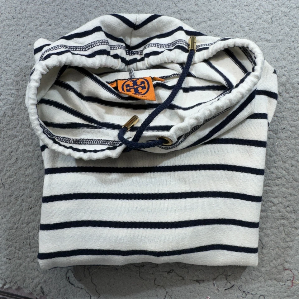 Suéter Tory Burch feminino pequeno azul listra branca gola alta túnica náutica - Imagem 2 de 4