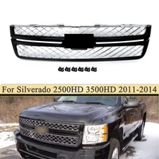 Gloss Black Front Grille w/ Chrome Mesh For 2011-2014 Chevy Silverado 2500HD