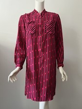 Vintage 80s SOO YUNG LEE Pink Black Stripe Print Long Sleeve Silk Shirt Dress 8