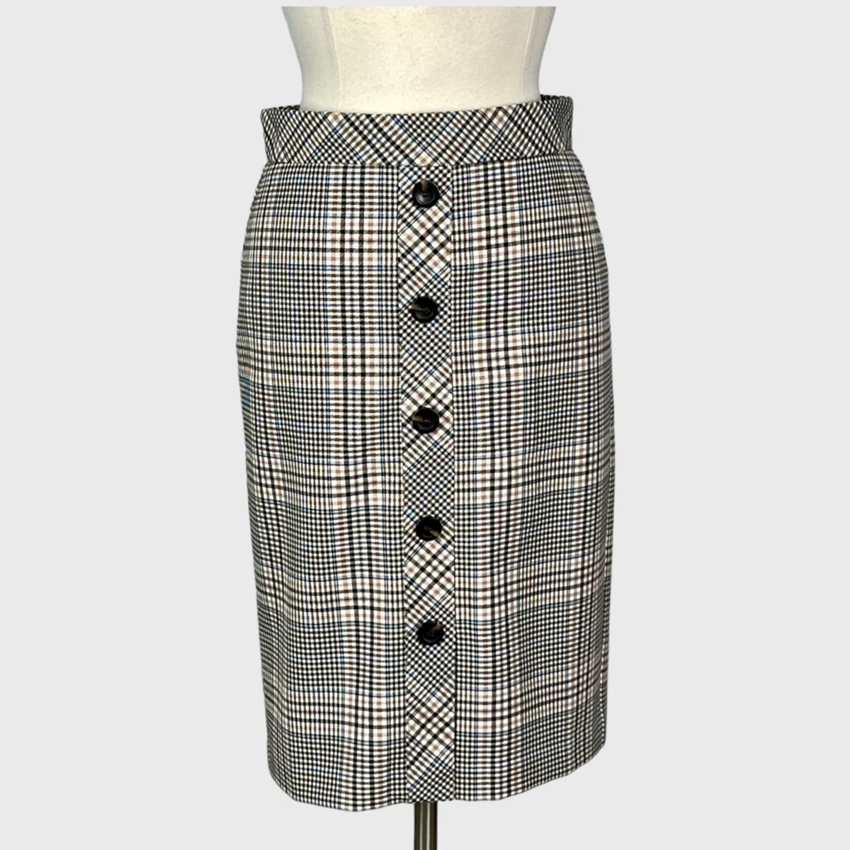 Ann Taylor Womens Skirt Black Brown Glen Plaid Decorative Buttons