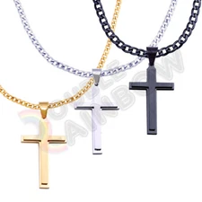 Men Stainless Steel Religious Plain Cross Necklace w/Pendant 3mm-6mm Chain*P32