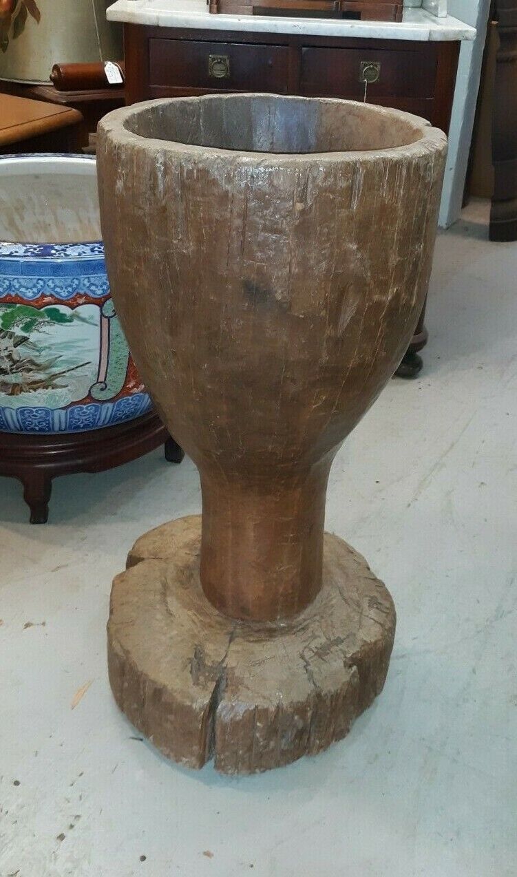 Large Primitive Wood Mortar  Footed Bowl For Table or Planter