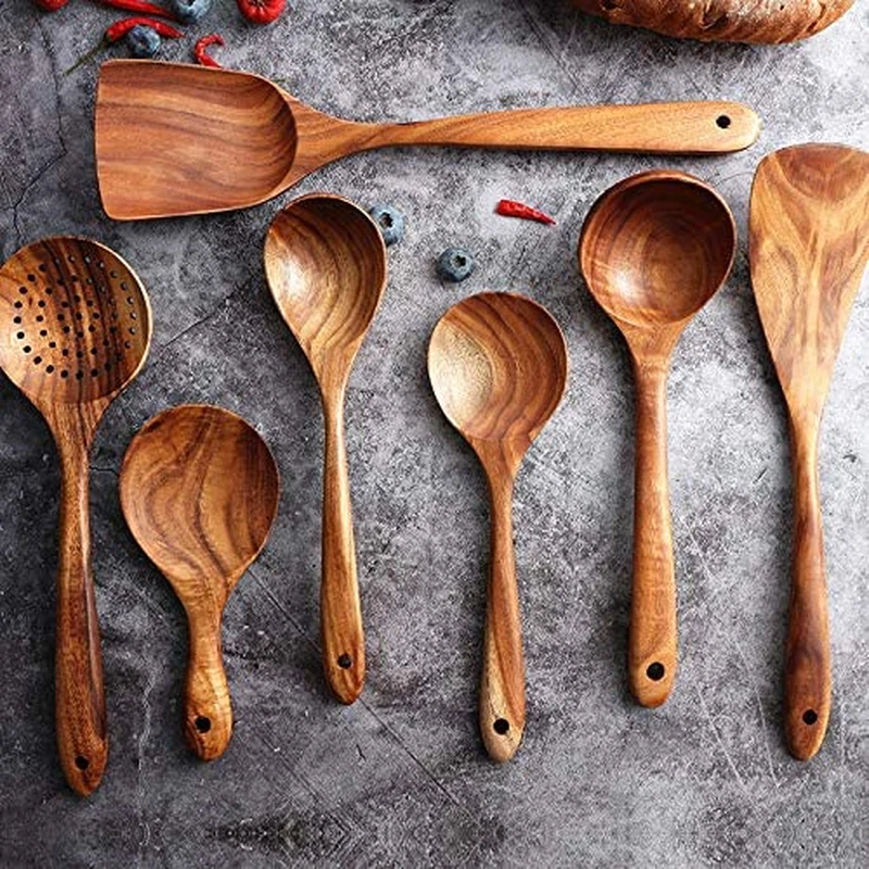 Wooden Spoons for Cooking, 7Pcs Handmade Natural Teak Cooking Spoons Wooden Spat - Image 4 of 4