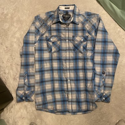 Roar Mens Plaid Long Sleeve Button Up Shirt Embroidered Embellished Medium