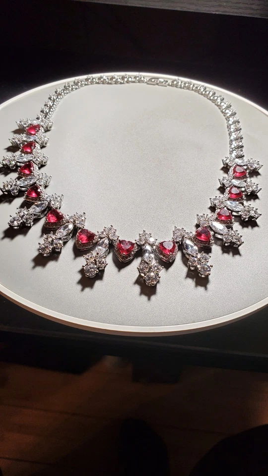 W PENDIENTES ZAFIRO Y RUBÍ - COLLAR CHAPADO EN ORO BLANCO 18K JUEGO DE PLATA ALEMANA Foto 2 de 4