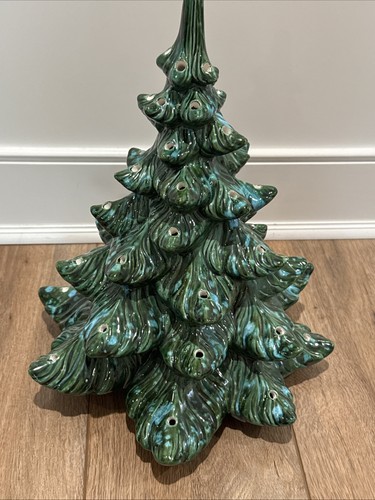 Vintage 1975 Atlantic Mold Ceramic Christmas Tree & Stand Green Teal - Picture 17 of 22