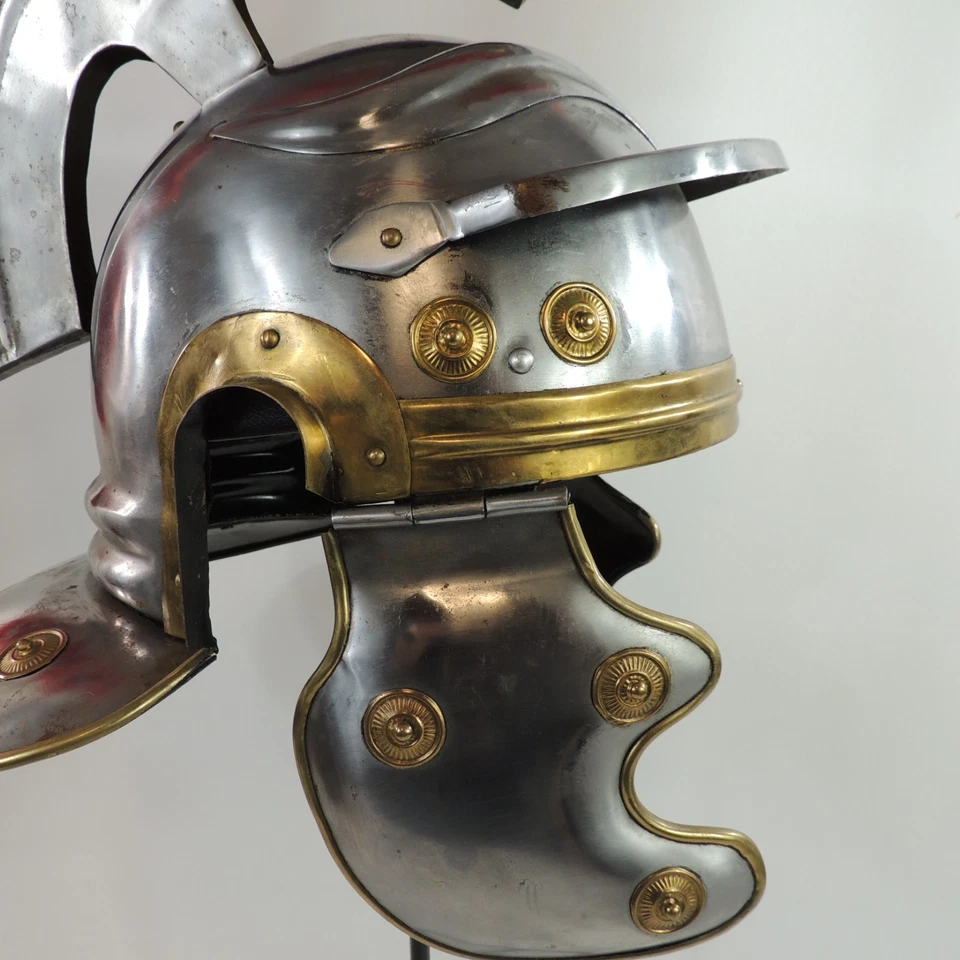 Costume Medieval Spartan Helmet Silver & Gold Base Metals Red Plume - Image 2 of 4