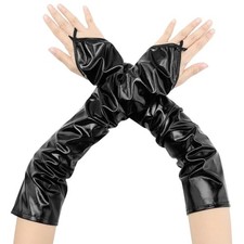 Women's Metallic Shiny Fingerless Gloves with Finger Loop Arm One Size Black