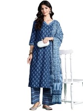Women's Pure Cotton Printed With Handwork Kurta with Pants and Dupatta Set