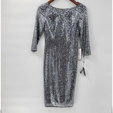 Adrianna Papell Womens Sheath Sequin Dress 4 Gunmetal Silver V Back Formal Shiny