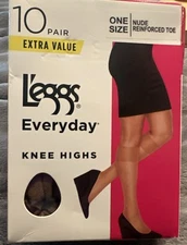 Leggs Everyday Knee Highs One Size Nude Reinforced Toe 10 Pair Pack Nylons