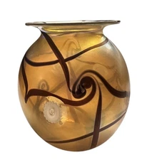 Robert Eickholt Art Glass Signed Vase 5.5” Iridescent Aurene Luster Ribbon 1999