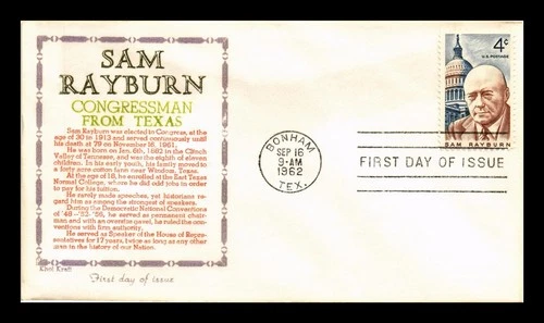 DR JIM STAMPS US COVER SAM RAYBURN CONGRESSMAN FROM TEXAS FDC KHOL KRAFT