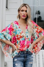 V-Neck Batwing Button Blouse Casual Multicolor Size S