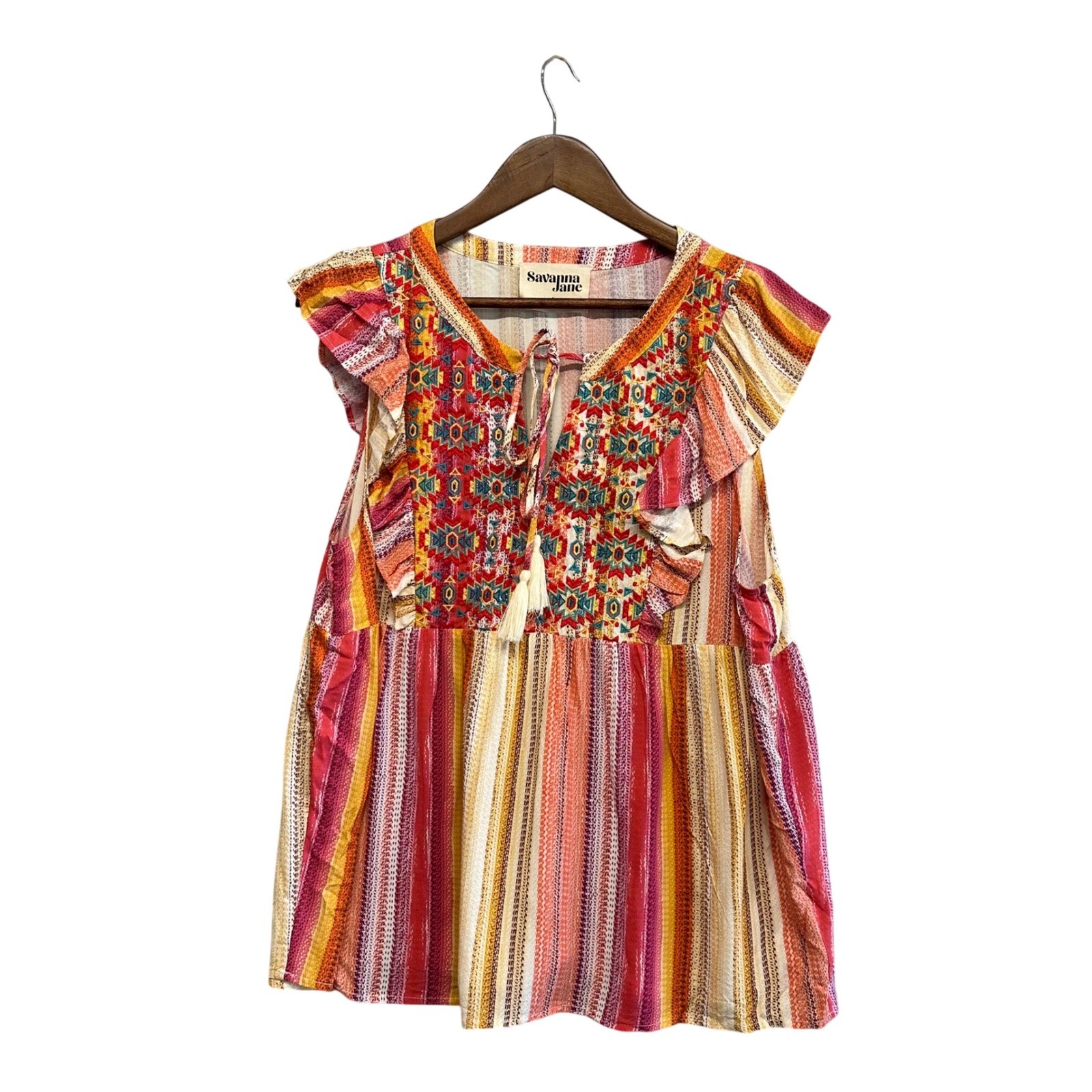 Savanna Jane Baby Doll Embroidered Boho Top Orange Tassel Blouse Size L Aztec