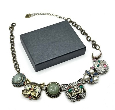 Betsey Johnson Katzen Statement Kette Strass Perlen bunt ausgefallen
