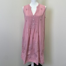 Soft Surroundings Pink Cotton Embroidered Pintuck Sleeveless Shift DressXS Beach