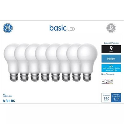 GE Lighting 152217 9W Basic A19 LED Light Bulbs Daylight - Pack of 8
