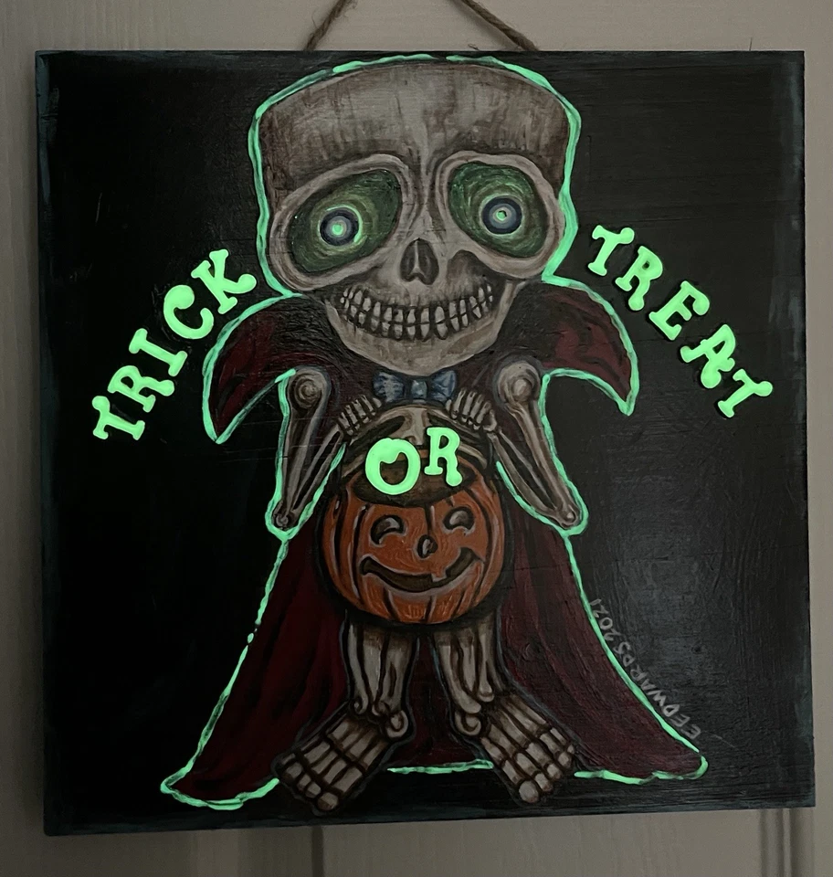 Letrero de madera original de Halloween pintura acrílica esqueleto truco o trato 10x10 Foto 4 de 4