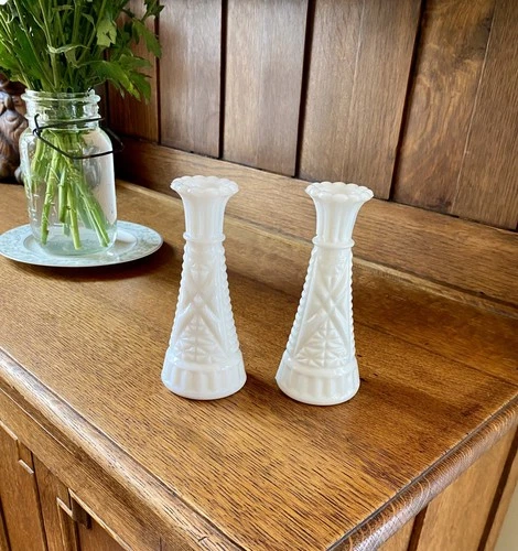 Set of 2 Vintage Anchor Hocking Milk Glass Bud Vase/Candle Holders 6"