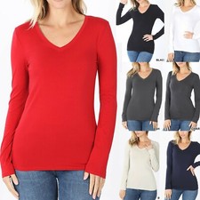CLEARANCE Womens V-Neck Basic Long Sleeve T-Shirt Casual Layering Top Cotton