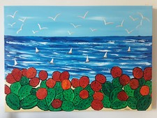 QUADRO MODERNO ASTRATTO DIPINTO A MANO PAESAGGIO MARE FIORI 50x70x4cm RIF213