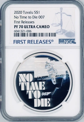 JAMES BOND NO TIME TO DIE 007 2020 TUVALU 1oz  SILVER COIN $1 NGC PF70 UC FR