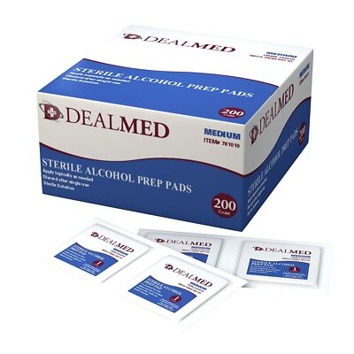 Dealmed Sterile Alcohol Prep Pads Antiseptic Latex-Free Wipes Medium 200 Count