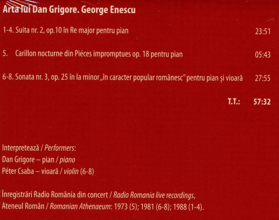 Romania CD Music GEORGE ENESCU Historical Recordings Dan Grigore  - Image 2 of 2