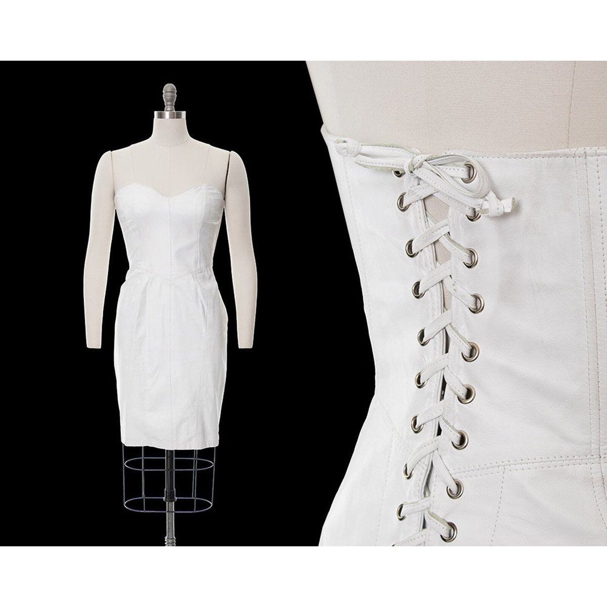 Vintage 1980s Mini Dress | 80s White Leather Lace Up Strapless Corset  Bodycon