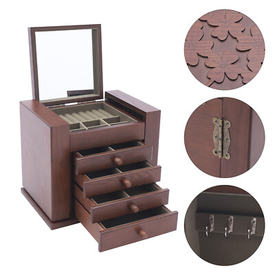 Large Capacity Vintage Jewelry Organizer Wooden Jewelry Box  5-Layer Storage USA