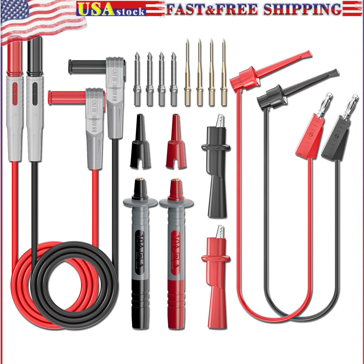 Produktbild von Cleqee Multimeter-Messleitungen Kit – 4mm Bananenstecker, 1m Kabel, 8 Auswechselbare Prüfspitzen, Krokodilklemmen, Für Präzise Elektrische Messungen