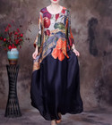 Womens Elegant Vintage Silk Print Floral Kaftan Round Neck Loose Robe Maxi Dress