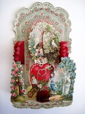 Vintage Victorian Antique Pull Down Valentine w/ Doves & Girl In Push Basket *