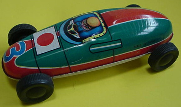 Vintage metal tin litho race car driver #3 Japan flag