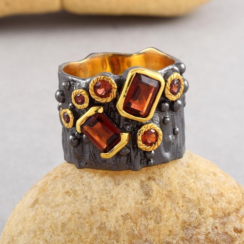 Anneau De Bande En Argent Sterling Plaqué Or Avec émail Et Zircons - Taille Réglable 17/19 | Bague Femme Labrioro